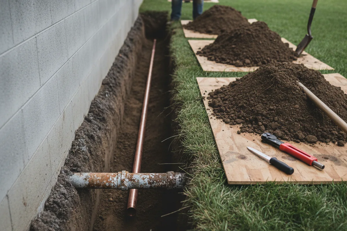Excavated water line trench during Sewer Line Repair in Eden Valley